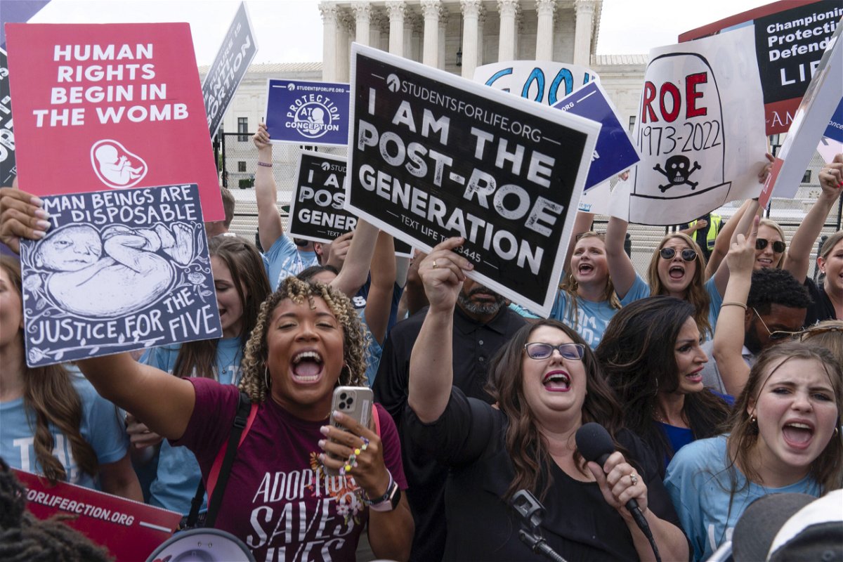 Demonstrators gather outside the Supreme Court in Washington, Friday, June 24, 2022. The Supreme Court has ended constitutional protections for abortion that had been in place nearly 50 years, a decision by its conservative majority to overturn the court's landmark abortion cases. 