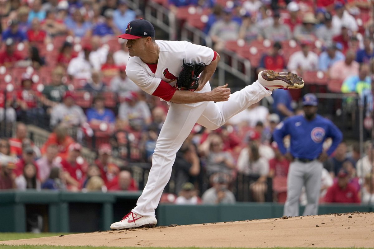 St. Louis Cardinals starting pitcher Jack Flaherty throws during the first inning of a baseball game against the Chicago Cubs Sunday, June 26, 2022, in St. Louis. (AP Photo/Jeff Roberson)