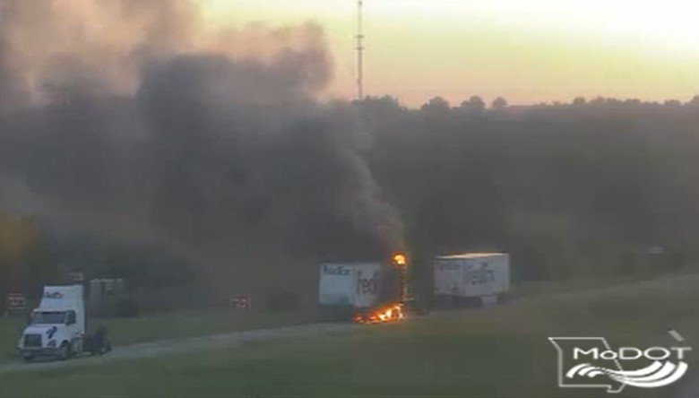 A semi-truck trailer caught on fire on westbound Interstate 70 near Rocheport, Missouri on Tuesday, June 14, 2022. 