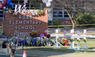 A memorial displaying the names of the 19 children and 2 teachers killed at Robb Elementary school in Uvalde