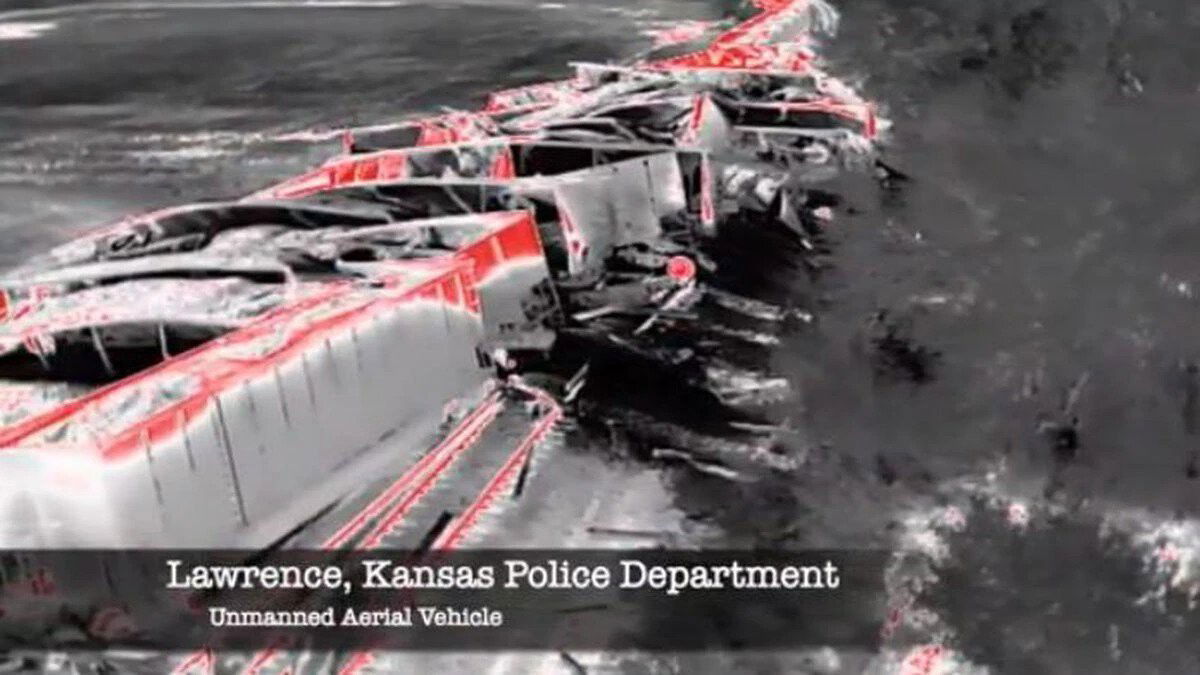 <i>Lawrence PD via KCTV</i><br/>The Lawrence Police Department's Unmanned Aerial Vehicle (drone) team assisted the Douglas County Sheriff's Office and Union Pacific in the cleanup.
