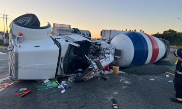 A concrete mixer truck overturned on U.S. Highway 101 in Sunnyvale Tuesday morning