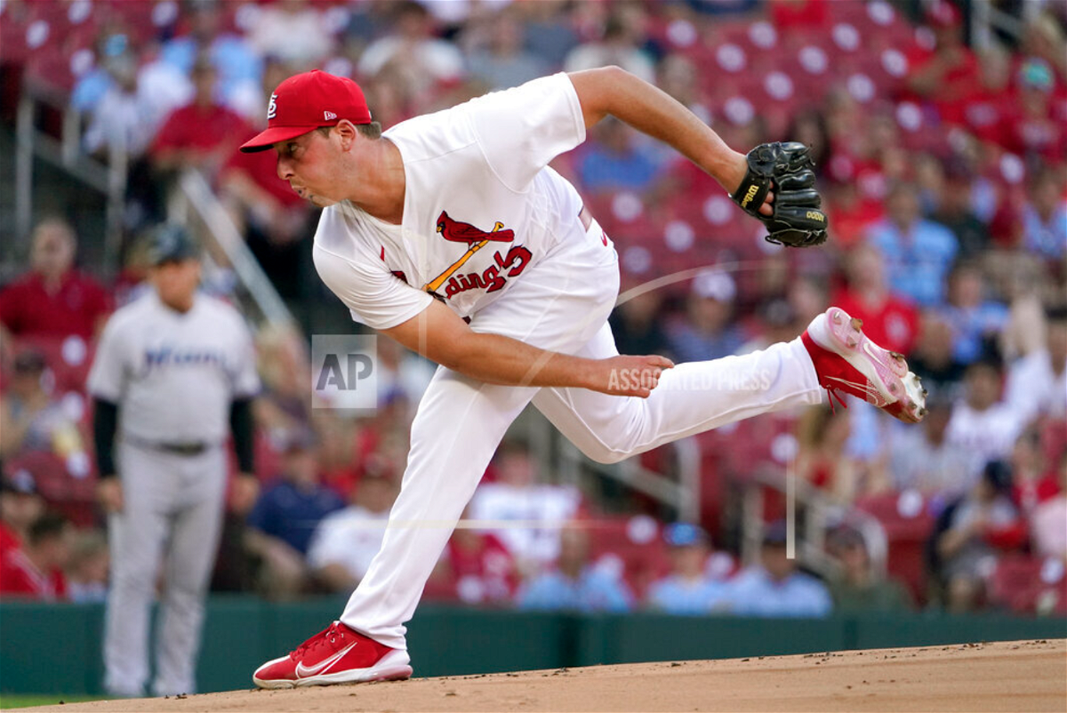 St. Louis Cardinals starting pitcher Andre Pallante throws during the first inning of a baseball game against the Miami Marlins Wednesday, June 29, 2022, in St. Louis. (AP Photo/Jeff Roberson)