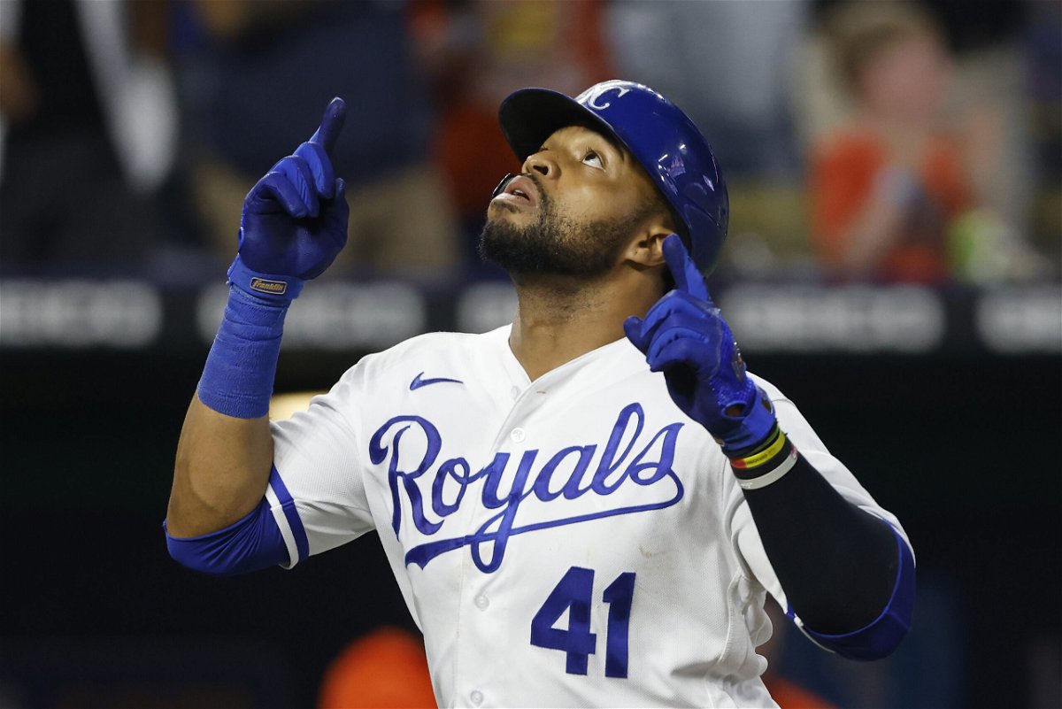 Kansas City Royals' Carlos Santana reacts as he rounds the bases after hitting a two-run home run during the fifth inning of a baseball game against the Baltimore Orioles in Kansas City, Mo., Thursday, June 9, 2022. (AP Photo/Colin E. Braley)
