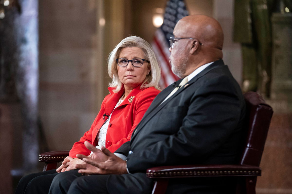 <i>Sarah Silbiger for CNN</i><br/>Rep. Liz Cheney and Rep. Bennie Thompson appear at the capitol on the one-year anniversary of the January 6 insurrection. Thompson and Cheney are on the committee investigating the riot.