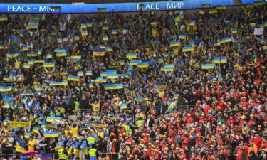 Ukraine supporters hold up their country's flag in the Cardiff City Stadium