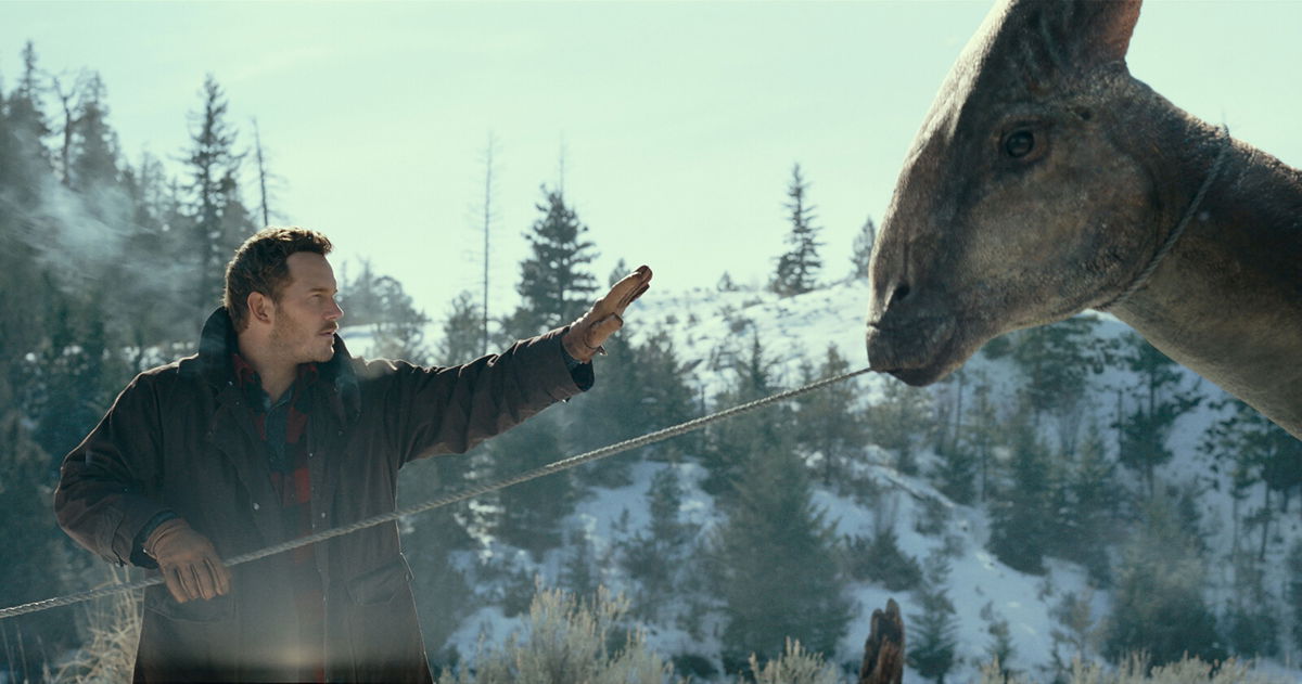 <i>Universal Pictures/Amblin Entertainment</i><br/>Chris Pratt and a Parasaurolophus in 'Jurassic World: Dominion.'