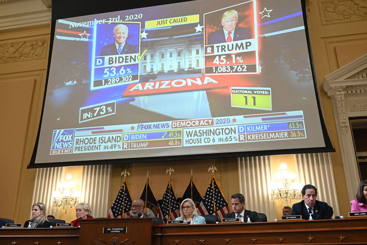<i>Saul Loeb/AFP/Getty Images</i><br/>Video from election night 2020 is played during a hearing by the Select Committee to Investigate the January 6th Attack on the US Capitol in the Cannon House Office Building on June 13 in Washington