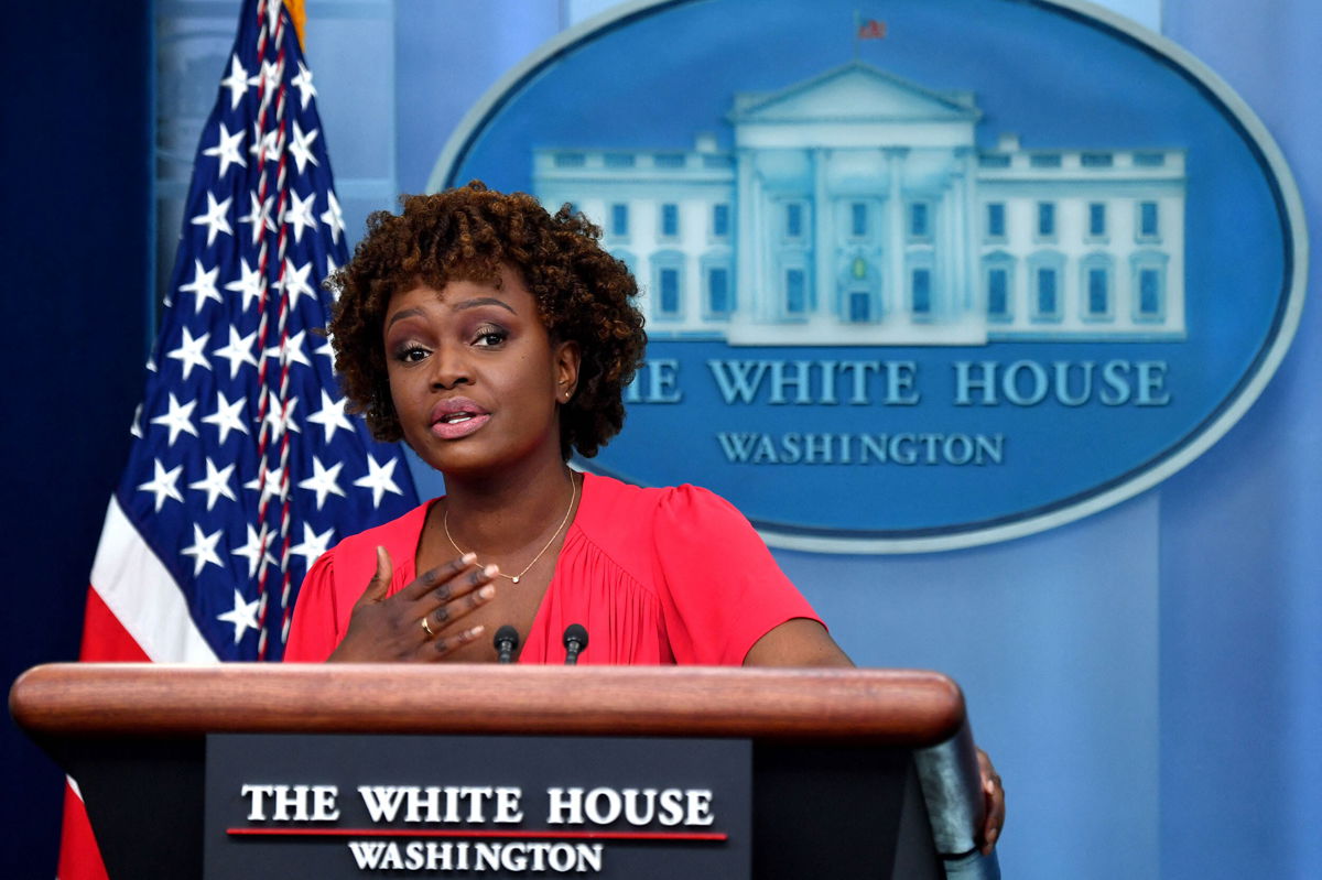 <i>Nicholas Kamm/AFP/Getty Images</i><br/>New White House Press Secretary Karine Jean-Pierre speaks to reporters in the James S Brady Press Briefing Room of the White House in Washington