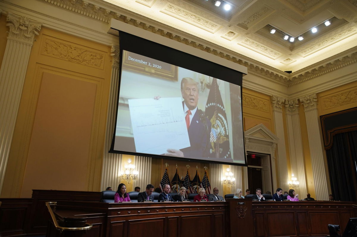 <i>Al Drago/Bloomberg/Getty Images</i><br/>Former US President Donald Trump displayed on a screen during the hearing of the select committee investigating the January 6 attack on the US Capitol.