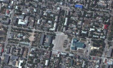 A satellite image shows damaged buildings near Chemist's Palace of Culture in downtown Severodonetsk on June 6