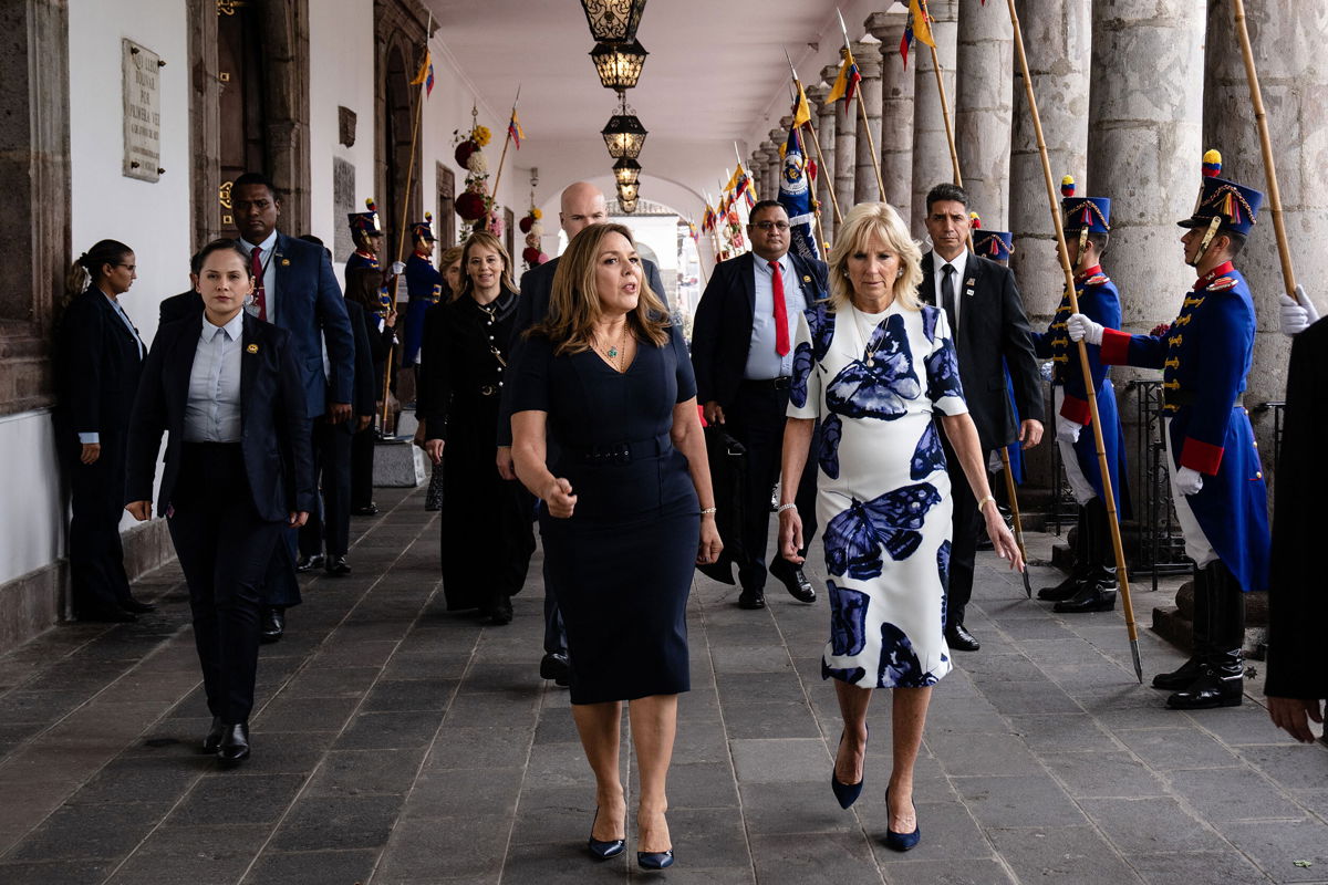 <i>Erin Schaff/AFP/Pool/Getty Images</i><br/>First Lady Jill Biden walks with First Lady of Ecuador Maria de Lourdes Alcivar de Lasso at the Carondelet Palace in Quito