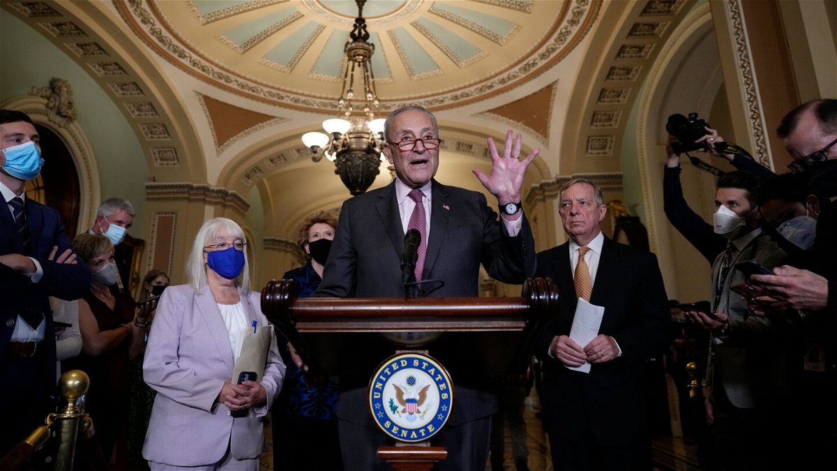 <i>Drew Angerer/Getty Images</i><br/>The Senate passed a bipartisan bill on June 23 to address gun violence that amounts to the first major federal gun safety legislation in decades. Pictured is Majority Leader Chuck Schumer speaking to reporters in September 2021 in Washington