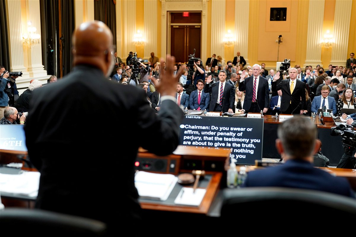 WASHINGTON, DC - JUNE 23:  Chair Rep. Bennie Thompson (D-MS) swears in Steven Engel, former Assistant Attorney General for the Office of Legal Counsel, Jeffrey A. Rosen, former Acting Attorney General and Richard Donoghue, former Acting Deputy Attorney General for the fifth hearing held by the Select Committee to Investigate the January 6th Attack on the U.S. Capitol on June 23, 2022 in the Cannon House Office Building in Washington, DC. The bipartisan committee, which has been gathering evidence related to the January 6, 2021 attack at the U.S. Capitol for almost a year, is presenting its findings in a series of televised hearings. On January 6, 2021, supporters of President Donald Trump attacked the U.S. Capitol Building in an attempt to disrupt a congressional vote to confirm the electoral college win for Joe Biden.