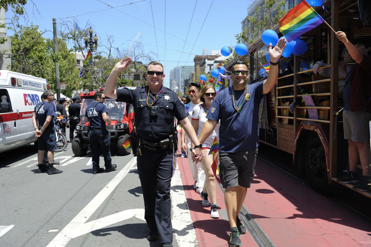 <i>Arun Nevader/Getty Images</i><br/>San Francisco policemen walk in the 2019 San Francisco Pride Parade and Celebration.