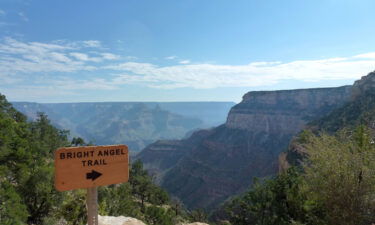 A view of a 'Bright Angel Trail' signpost at  Grand Canyon from the South Rim.