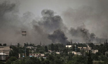 Smoke and dirt rise in the city of Severodonetsk during fighting between Ukrainian and Russian troops at the eastern Ukrainian region of Donbas on June 2.