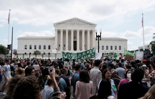 Demonstrators gather outside the United States Supreme Court as the court rules in the Dobbs v Women's Health Organization abortion case
