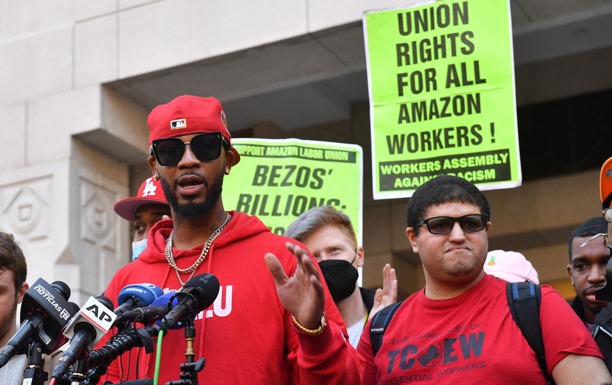 <i>Andrea Renault/AFP/Getty Images</i><br/>Union organizer Christian Smalls speaks following the April 1
