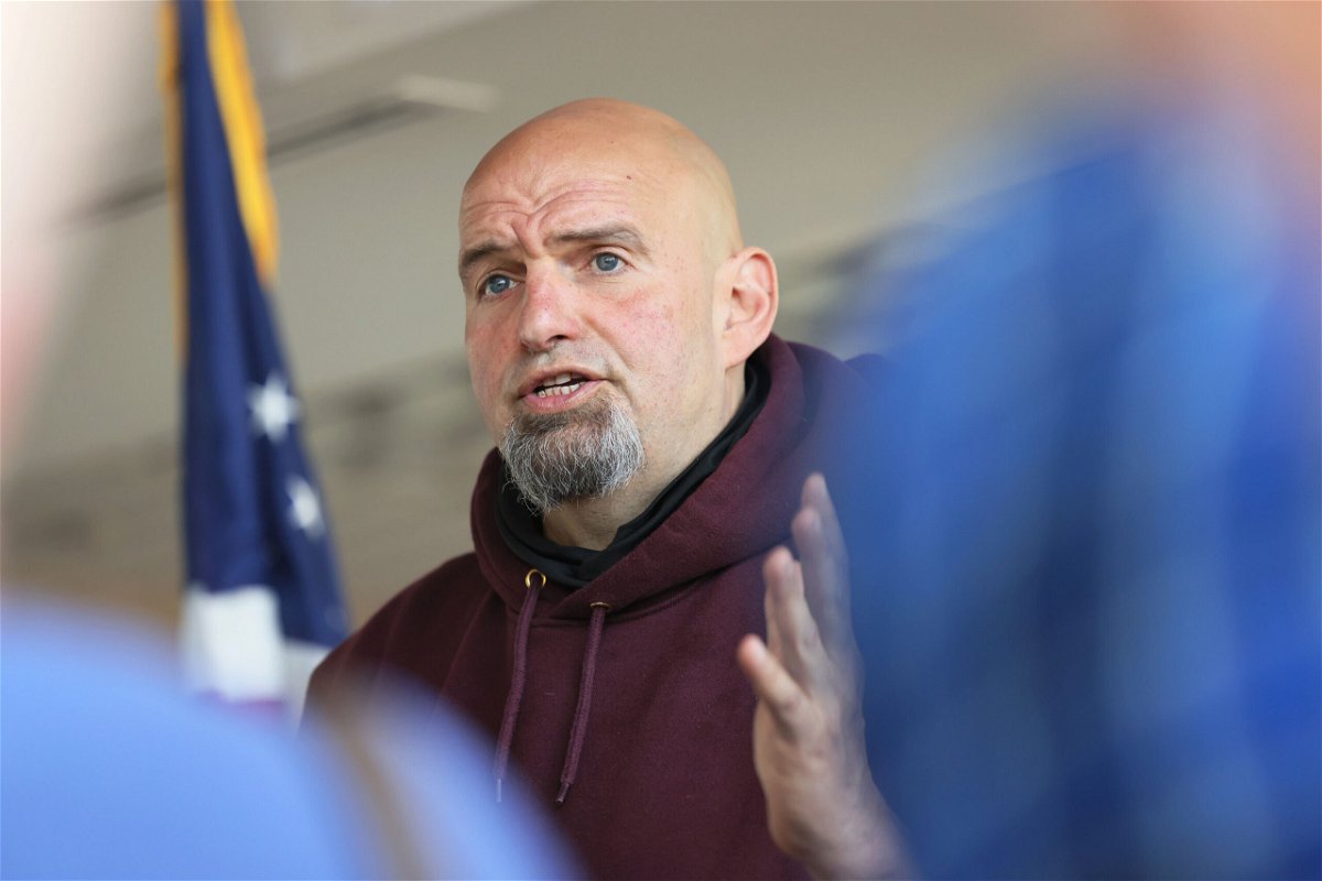 <i>Michael M. Santiago/Getty Images</i><br/>Pennsylvania Lt. Gov. John Fetterman campaigns for U.S. Senate at a meet and greet at Joseph A. Hardy Connellsville Airport on May 10 in Lemont Furnace