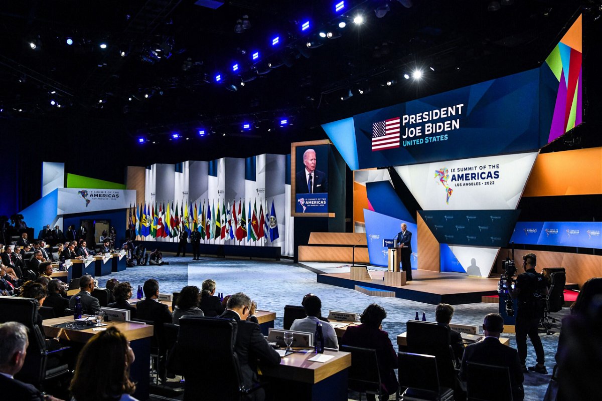 <i>Chandan Khanna/AFP/Getty Images</i><br/>US President Joe Biden addresses a plenary session of the 9th Summit of the Americas