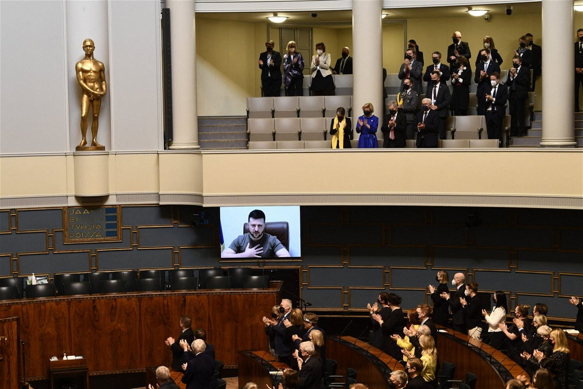<i>Emmi Korhonen/lehtikuva/AFP/Getty Images</i><br/>A cyberattack briefly knocked offline Finland's ministries of foreign affairs and defense websites as Ukrainian President Volodymyr Zelensky spoke by video to the Finnish parliament on April 8.