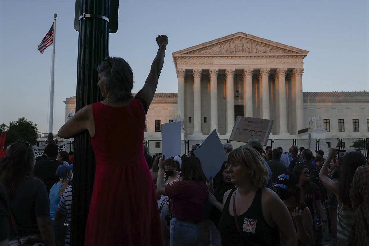 <i>Anna Moneymaker/Getty Images</i><br/>Abortion-rights activists attend a rally after the announcement to the Dobbs v. Jackson Women's Health Organization ruling in front of the US Supreme Court on June 24