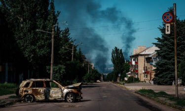 Smoke columns rise from Severodonetsk as seen from Lysychansk