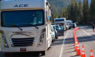 Dozens of vehicles lined up outside Yellowstone National Park's entrance on Wednesday