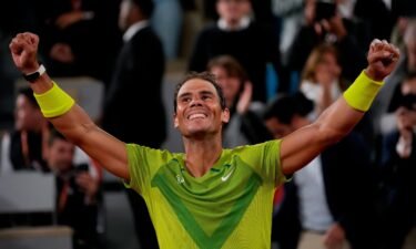 Spain's Rafael Nadal celebrates winning his quarterfinal match against Serbia's Novak Djokovic in four sets at the French Open tennis tournament in the Roland Garros stadium in Paris on June 1.