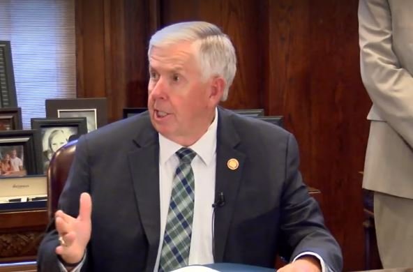 Gov. Mike Parson speaks before signing a bill that requires health care facilities to let patients have visitors Thursday, June 30, 2022, in the governor's office.
