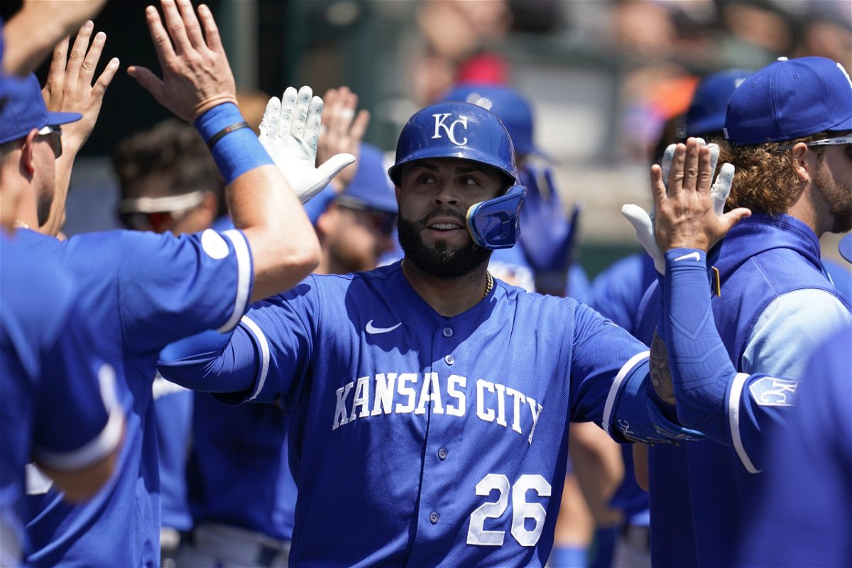 Kansas City Royals' Emmanuel Rivera celebrates his two-run home run against the Detroit Tigers in the second inning of a baseball game in Detroit, Sunday, July 3, 2022. 
