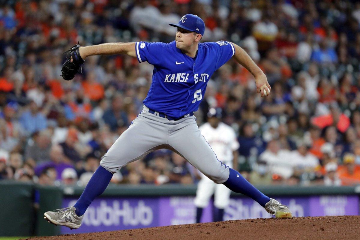 Kansas City Royals starting pitcher Kris Bubic (50) throws against the Houston Astros during the first inning of a baseball game Thursday, July 7, 2022, in Houston. (AP Photo/Michael Wyke)