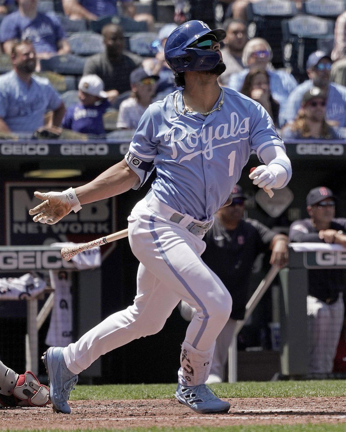Kansas City Royals' MJ Melendez watches his two-run single during the fifth inning of a baseball game against the Cleveland Guardians Sunday, July 10, 2022, in Kansas City, Mo. (AP Photo/Charlie Riedel)