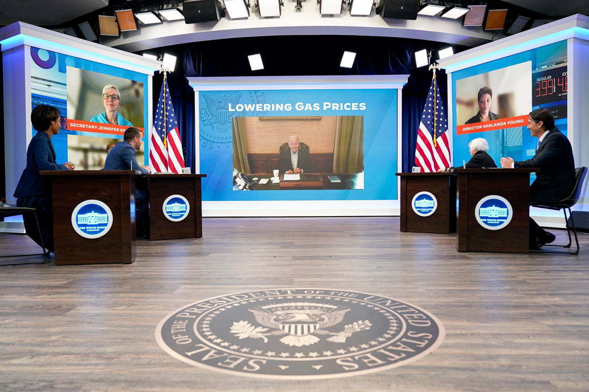 <i>Andrew Harnik/AP</i><br/>President Joe Biden speaks virtually during a meeting with his economic team in the South Court Auditorium on the White House complex in Washington
