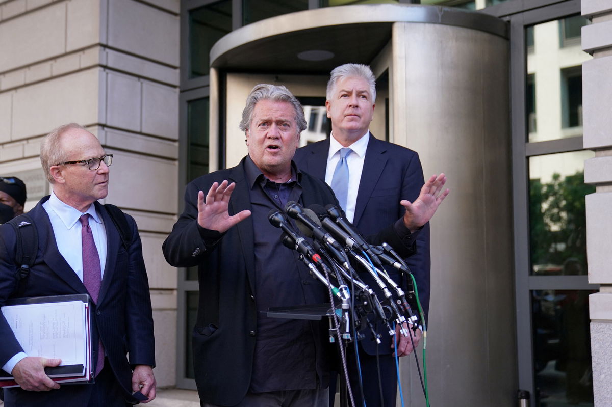 <i>Sarah Silbiger/Reuters</i><br/>Former Trump White House chief strategist Steve Bannon speaks to members of the press as he departs from the second day of the trial of the contempt of Congress charges stemming from his refusal to cooperate with the U.S. House Select Committee investigating the Jan. 6