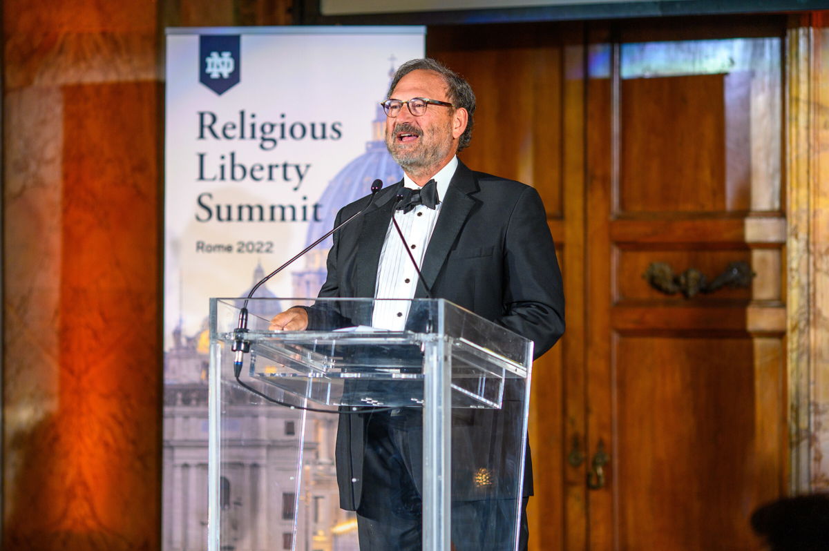 <i>Matt Cashore/University of Notre Dame</i><br/>Supreme Court Associate Justice Samuel Alito speaks at the 2022 Religious Liberty Summit in Rome. on July 21. Alito mocked foreign critics of repealing Roe v. Wade during his speech in Rome.