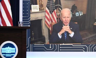 US President Joe Biden speaks virtually during a meeting with CEOs and labor leaders regarding the Chips Act