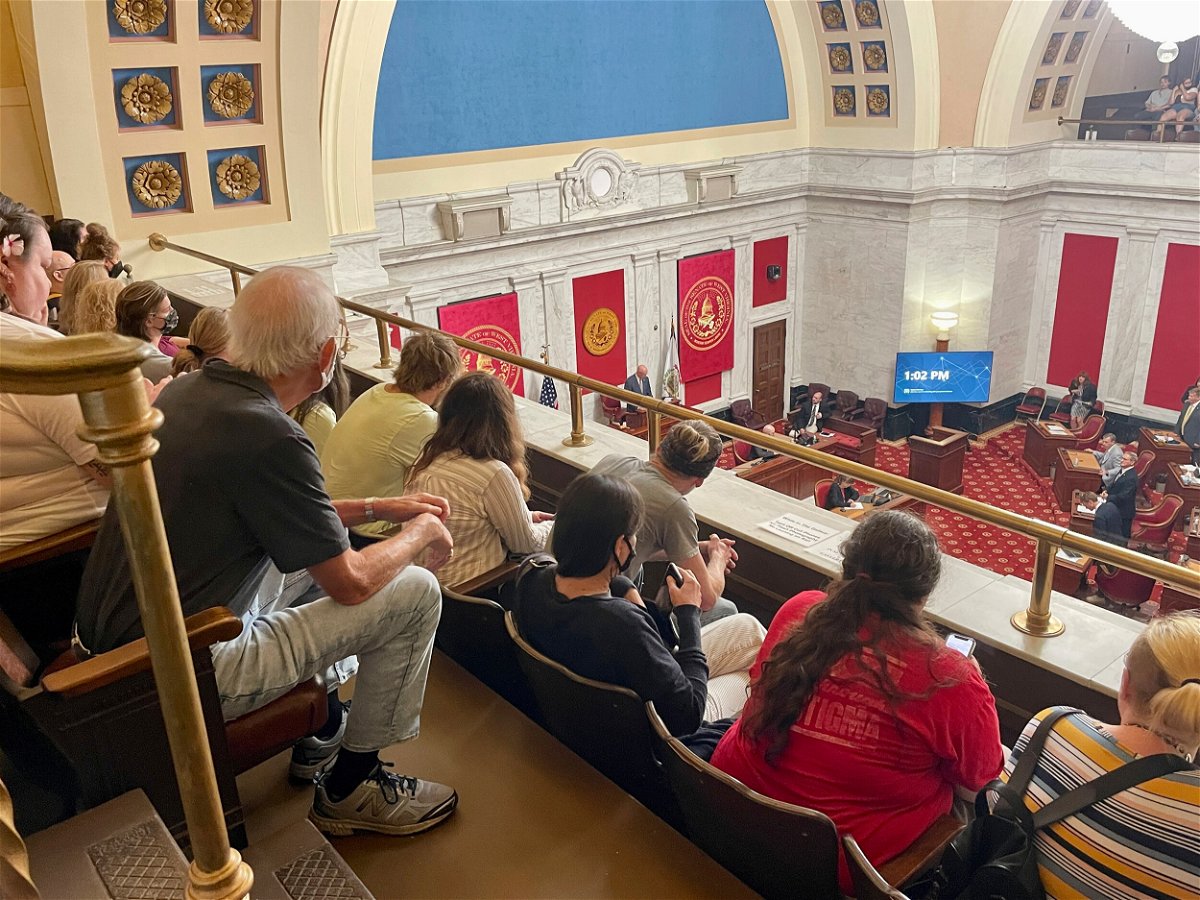 <i>John Raby/AP</i><br/>Members of the public watch the start of a West Virginia Senate hearing to discuss an abortion bill on July 29