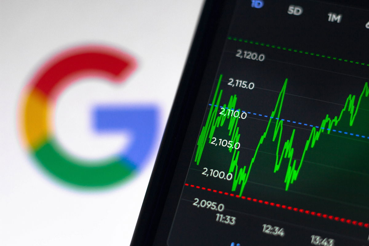 <i>Rafael Henrique/SOPA Images/LightRocket/Getty Images</i><br/>In this photo illustration the stock market graphic of Google seen displayed on a smartphone with a Google logo in the background.