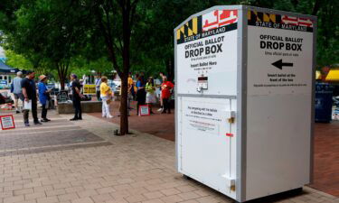 An official ballot drop box stands outside the Silver Spring Civic Building at Veterans Plaza during the first day of early voting in the state on July 07