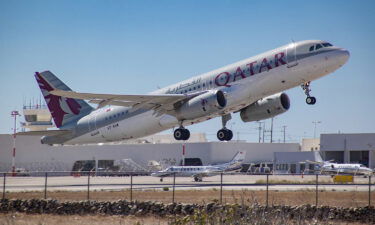 Qatar Airways Airbus A320 aircraft as seen during takeoff phase departing from Mykonos Island airport JMK towards Doha on October 10