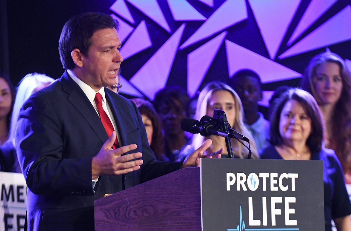 <i>Paul Hennessy/SOPA Images/LightRocket/Getty Images</i><br/>Florida Gov. Ron DeSantis speaks to supporters before signing Florida's 15-week abortion ban into law at Nacion de Fe church in Kissimmee