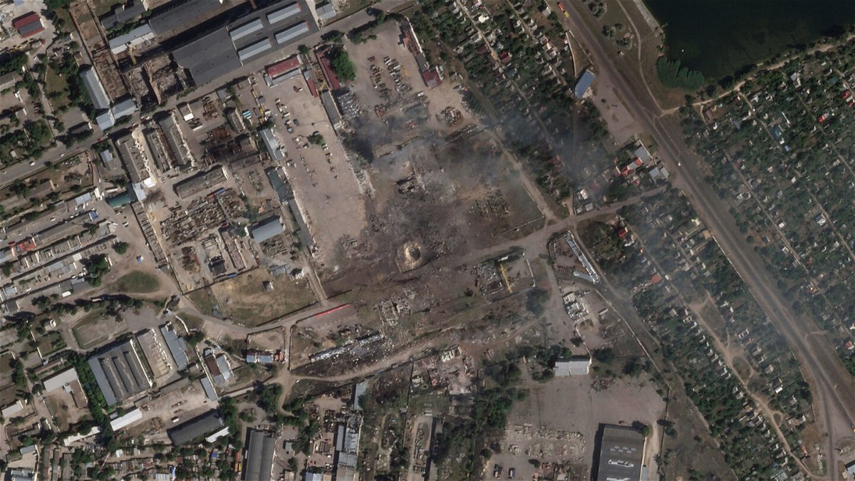 <i>Planet Labs PBC/AP</i><br/>This satellite image from Planet Labs PBC shows the aftermath of a Ukrainian strike on what it said was a Russian ammunition depot in Nova Kakhovka.