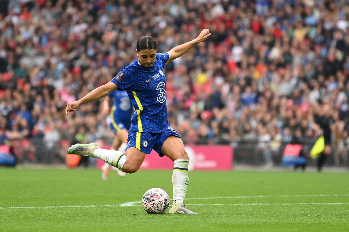 <i>Michael Regan/Getty Images</i><br/>Sam Kerr scoring Chelsea's third goal in the Women's FA Cup final against Manchester City on May 15.