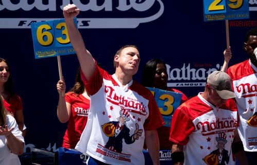 Joey Chestnut reacts after scarfing more hot dogs than anyone else on July 4.