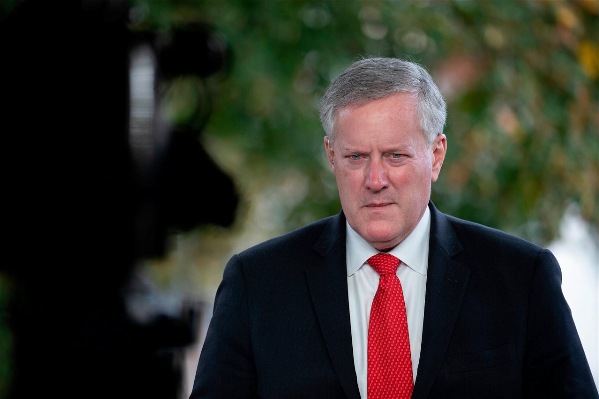<i>Tasos Katopodis/Getty Images/FILE</i><br/>Then-White House chief of staff Mark Meadows talks to reporters at the White House in October 2020 in Washington