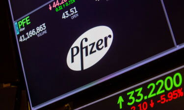 Pfizer Inc. signage on the floor of the New York Stock Exchange (NYSE) in New York