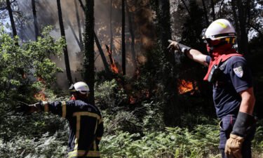 Firefighters work to extinguish a wildfire which broke out at the bottom of the Dune du Pilat near Teste-de-Buch