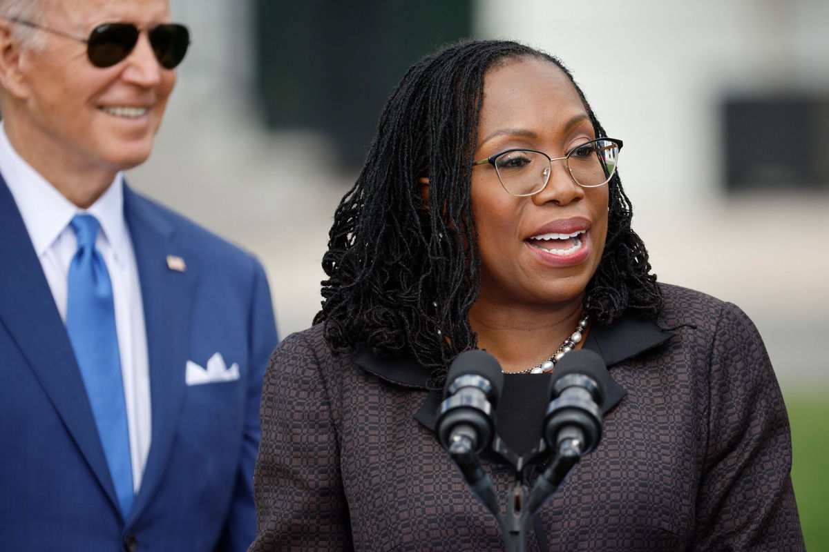 <i>Chip Somodevilla/Getty Images</i><br/>Judge Ketanji Brown Jackson speaks during an event celebrating her confirmation to the U.S. Supreme Court with U.S. President Joe Biden on the South Lawn of the White House on April 8 in Washington